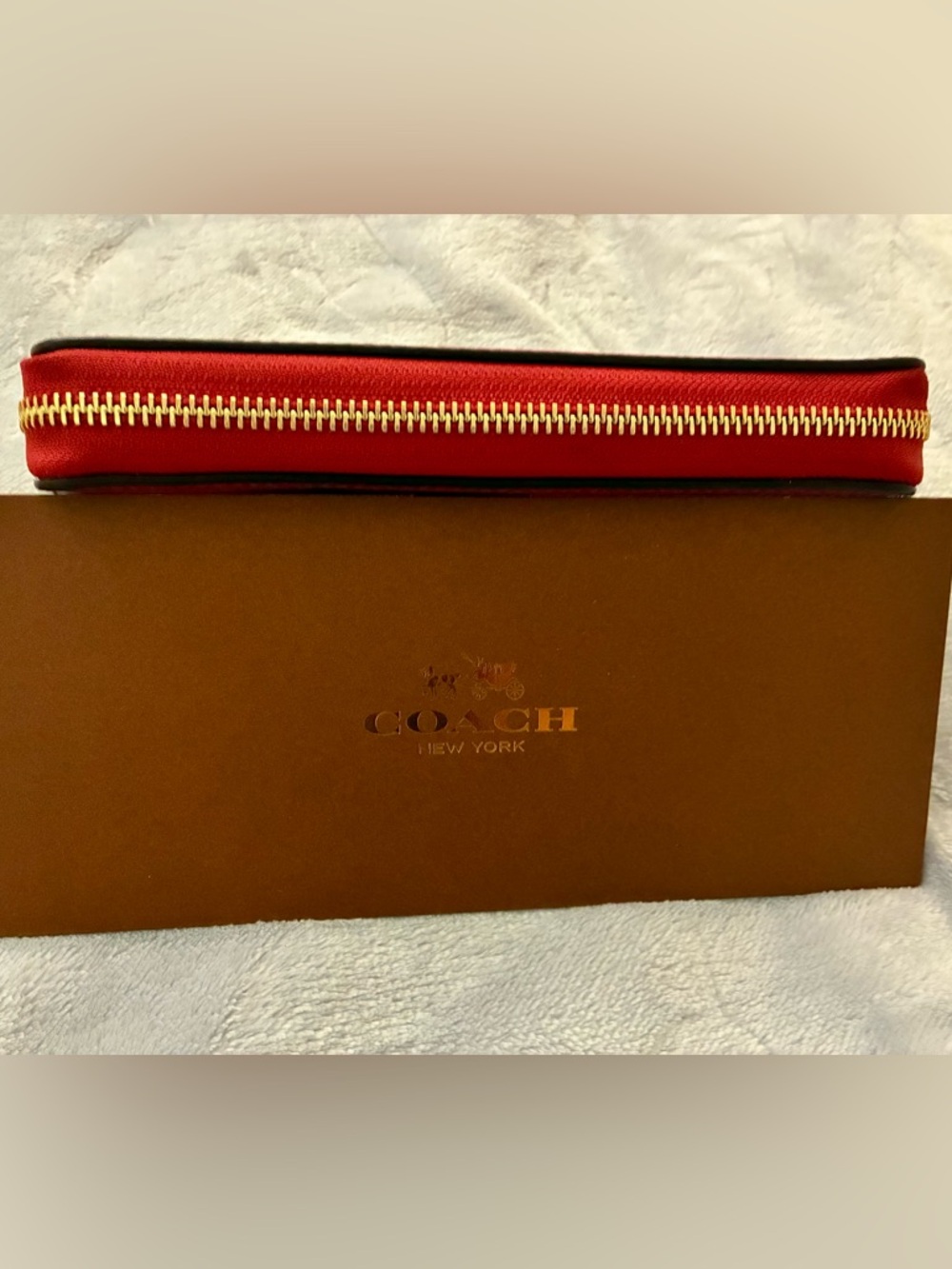 Coach Horse & Carriage Pebbled Leather Colorblock Long Zip Wallet, Red/Pink - Picture 6 of 9